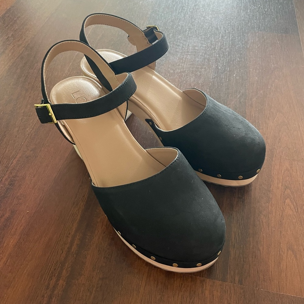 Loft Mule Clogs Black Suede Women’s Size 8 with Straps